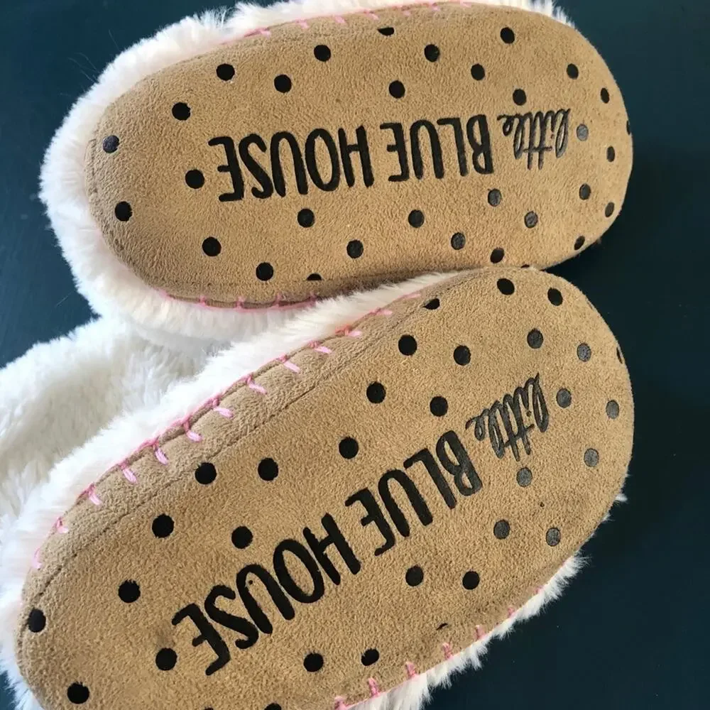 Hatley Little Blue House Kids Fuzzy Slouch Slippers Kitty Cat White Size S (5-7)